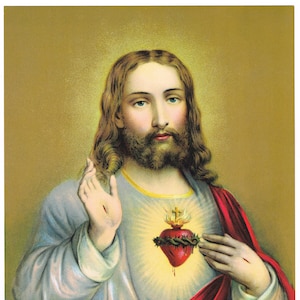Original vintage print 1920s Sacred Heart Of Jesus Religious Lithograph Gold Ink Stunning Catholic 12x9&quot;