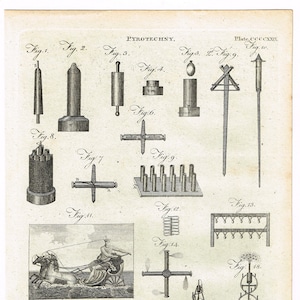 Antique 1797 original Copper Plate print on laid paper Science Engineering Pyrotechny Pyrotechnics Fireworks 2