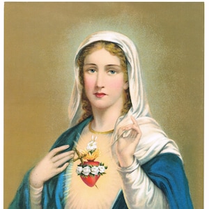 Original vintage print 1920s Sacred Heart Of Mary Religious Lithograph Gold Ink Stunning Catholic 12x9&quot;
