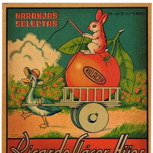 Origineel vintage Spaans citruskratlabel jaren 30 jaren '30 Zeldzaam Spanje kinderliedje Animals Cart Duck Bunny Childs Delight