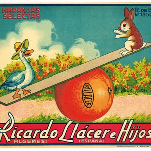 Original vintage Spanish citrus crate label c1930s Rare Spain Nursery Rhyme Animals See Saw Duck Bunny Childs Delight