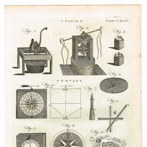 Antique 1797 original Copper Plate print on laid paper Science Technology Compass Coining Coinmaking