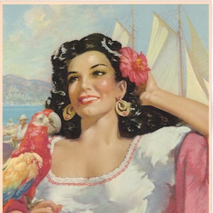 Original vintage Mexican calendar print &quot;In Acapulco&quot; Pin Up 1940s girl w parrot printed in Mexico 8x10&quot;