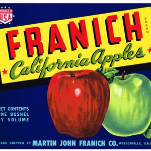 Original vintage apple crate label 1950s Franich Company Watsonville California Mid Century