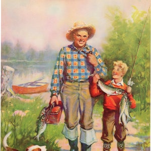 Original vintage calendar print 1940s Fishing father & son dog tackle box Lithograph fish bucolic