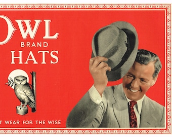 Original vintage hat box etiqueta New York City London Fashion 1940s Scarce 11x7" Mens Hat Owl Smart Wear For The Wise