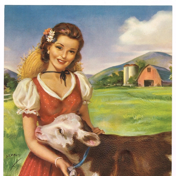 Original vintage calendar print 1940s Jules Erbit Embossed Farmers Daughter Milk Maid Cow Calf