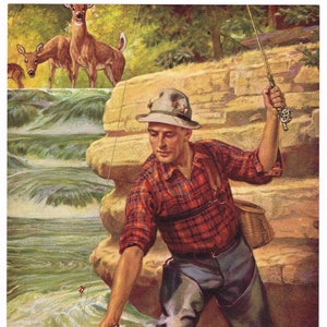 Original vintage calendar print 1940s Fishing Field & Stream Deer Fisherman Rod and Reel Angler 8x10"