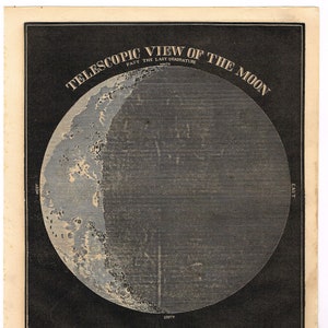 Antieke Astronomie 1863 originele Civil War Era houtblok print ster kaart klassieke Hemelse Telescopische Weergave van de Maan