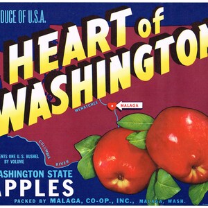May include: A vintage label for Washington State apples. The label features a stylized map of Washington State with the words "Heart of Washington" in bold, yellow letters. The label also includes the text "Produce of U.S.A." and "Packed by Malaga, Co-op., Inc., Malaga, Wash."
