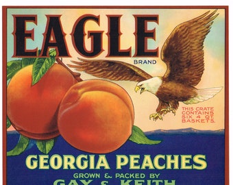 Original vintage peach crate label 1940s Eagle Gay & Keith Gay Georgia Bald Eagle in flight