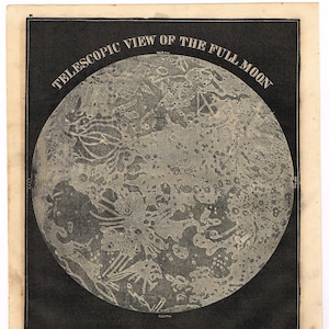 Antieke Astronomie 1863 originele Civil War Era houtblok print ster kaart klassieke Hemelse Telescopische Weergave van volle maan
