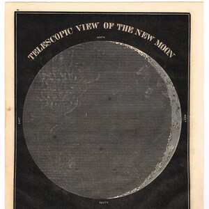 Antieke Astronomie 1863 originele Civil War Era houtblok print ster kaart klassieke Hemelse Telescopische Weergave van nieuwe maan