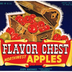 Original vintage apple crate label 1950s Flavor Chest treasure Washington State for New York distributor