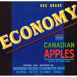 Original vintage apple crate label 1950s Okanagan Economy Brand Kelowna British Columbia Canada Canadian Typography