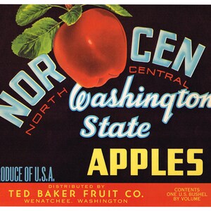 Original vintage apple crate label 1950s Nor Cen Wenatchee Washington Typography Ted Baker