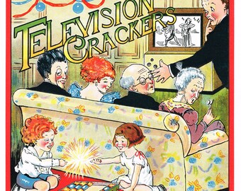 Etichetta pubblicitaria originale dei Firecracker Crackers di Batger, anni '30, marchio televisivo vintage di Londra, Inghilterra, comico e strano, 8,25x8,25"