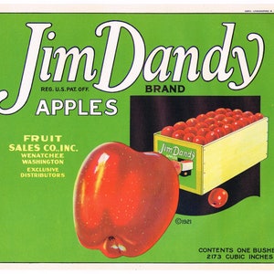 Original vintage apple crate label 1920s Jim Dandy Wenatchee Washington State Fruit Crate