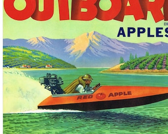 Original vintage apple crate label 1940s Outboard Boat Racing Powerboat rare Lake Chelan District Chelan Washington State Classic Nautical
