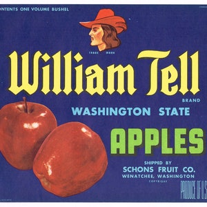 Original vintage apple crate label 1950s William Tell Uncommon Wenatchee Washington Archery