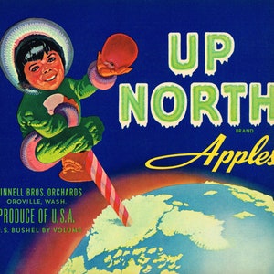 Original Vintage Apfelkiste Label 1940er Jahre bis Nordpol Eskimo Globe Karte Oroville Washington Comical