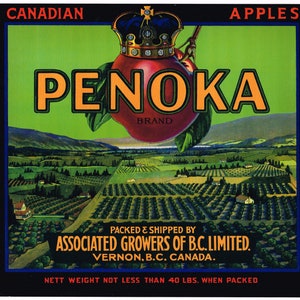 Original vintage apple crate label 1940s Penoka British Columbia Canada Venron Landscape Canadian