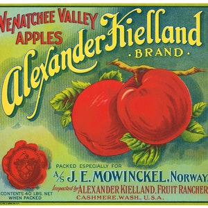 Original vintage apple crate label 1920s Alexander Kielland Cashmere Washington State Norwegian Export Norway