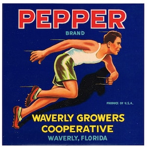 Original vintage Florida citrus crate label c1930s Waverly Pepper Sprinter Sports Track & Field