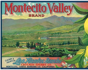 Original Lemon Crate label Santa Barbara County California 1920s vintage Montecito Valley Stone Lithograph