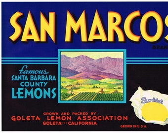 Étiquette originale de caisse de citron Santa Barbara County California 1930s vintage Goleta San Marcos Valley