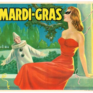 Original vintage Spanish citrus crate label c1950s Spain Girl Mardi Gras Clown Jester Masquerade