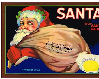 Lemon Crate label Ventura County California Original 1930s vintage Santa Claus Christmas Presents