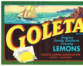 Oryginalna etykieta Lemon Crate, hrabstwo Santa Barbara, Kalifornia, żaglówka Goleta z lat 30. XX wieku, kanał żeglarski