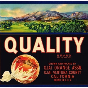 Original vintage citrus crate label 1940s Quality Ojai Ventura County California Rare