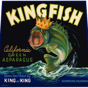 Original vintage vegetable crate label 1950s asparagus Kingfish Big Mouth Bass Sacramento California