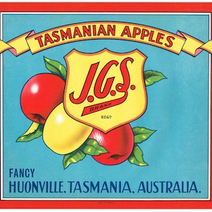 Original vintage apple crate label 1950s JGS Huonville Australia Tasmania Scarce Square