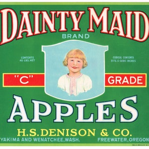 Original vintage apple crate label 1940s Dainty Maid Little Girl Wenatchee Washington Yakima Freewater Oregon Green