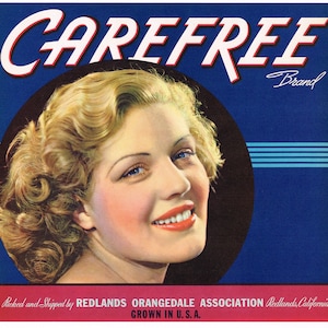 Original vintage orange citrus crate label 1940s Carefree WWII era girl Redlands California