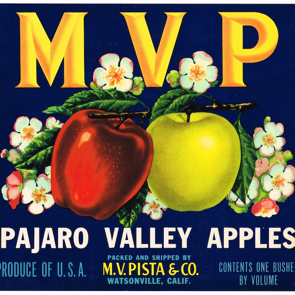 Original vintage apple crate label 1940s M.V.P. Watsonville Apple Blossoms California