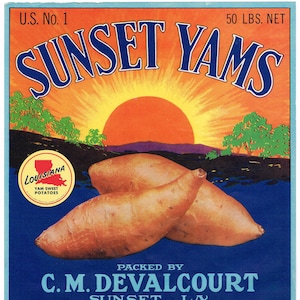 Original vintage yam crate label 1940s Sunset Yams Louisiana Setting Sun 1940s
