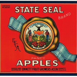 Original vintage apple crate label 1930s State Seal Red Emmett Idaho Original Gold Miner