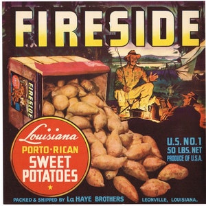 Original vintage yam crate label 1940s Fireside Brand Leonville Louisiana Fishing Camping Label in Label Outdoors