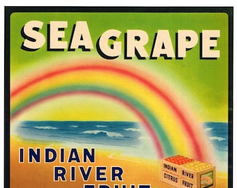 May include: Vintage label for Sea Grape Indian River Fruit, featuring a rainbow over a beach scene. The label text reads "Sea Grape Indian River Fruit Distributed by Deerfield Groves Company, Wabasso, Fla. Produce of U.S.A."