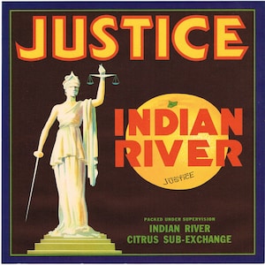 Original vintage Florida citrus crate label c1930s Scales of Justice Lawyer Judge Legal Grapefruit