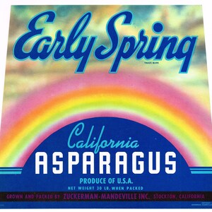 Original vintage vegetable crate label 1950s asparagus Early Spring Rainbow Stockton California Scarce