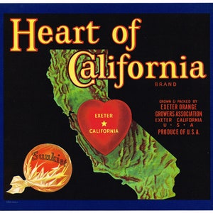 Étiquette de caisse d'agrumes orange vintage originale des années 1930 Scarce Heart Of California Exeter Tulare County State Map