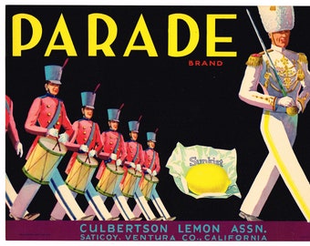 Original Lemon Crate label Ventura County California 1930s vintage Parade Saticoy Marching Band