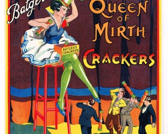 Original Firecracker advertising label Batger's 1930's vintage England Queen of Mirth Giantess Tiny Men Comical