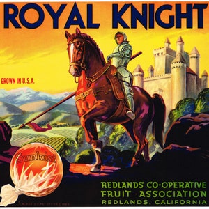 Original vintage citrus crate label 1940s Royal Knight Redlands California Advertising War Horse Castle Jousting