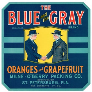 Original vintage Florida citrus crate label c1930s Blue and the Gray Civil War St Petersburg